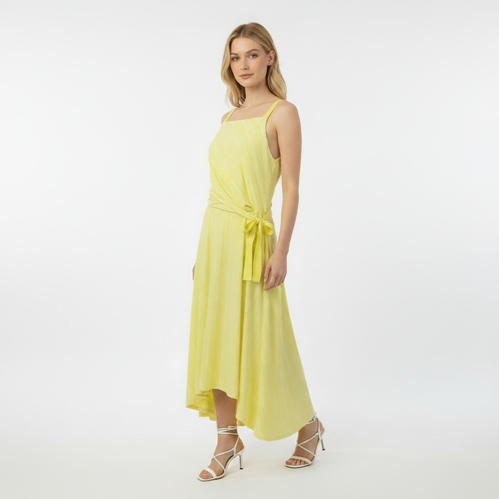 Maeve Midi Dress Womens M Yellow White Striped Summer Sleeveless Hi Low Side Tie